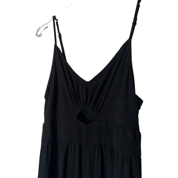Black Linen Jumpsuit Cropped Wide Leg V-Neck Cut Out Romper Spaghetti Strap - Picture 6 of 9